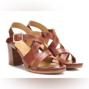 A.P.C. Salma Brown Leather Heeled Sandals with Crisscross Straps Block Heel 38